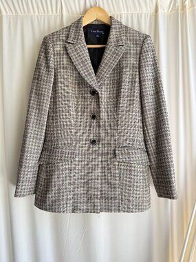 Evan Picone Tweed Plaid Blazer Brown Neutral Career Jacket Size 8
